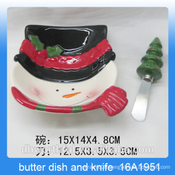 Christmas gift snowman design ceramic butter dish and knife